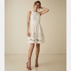 NWT $370 Women's 6 REISS Rosina-Broderie Fit & Flare Dress Lined Ivory/White